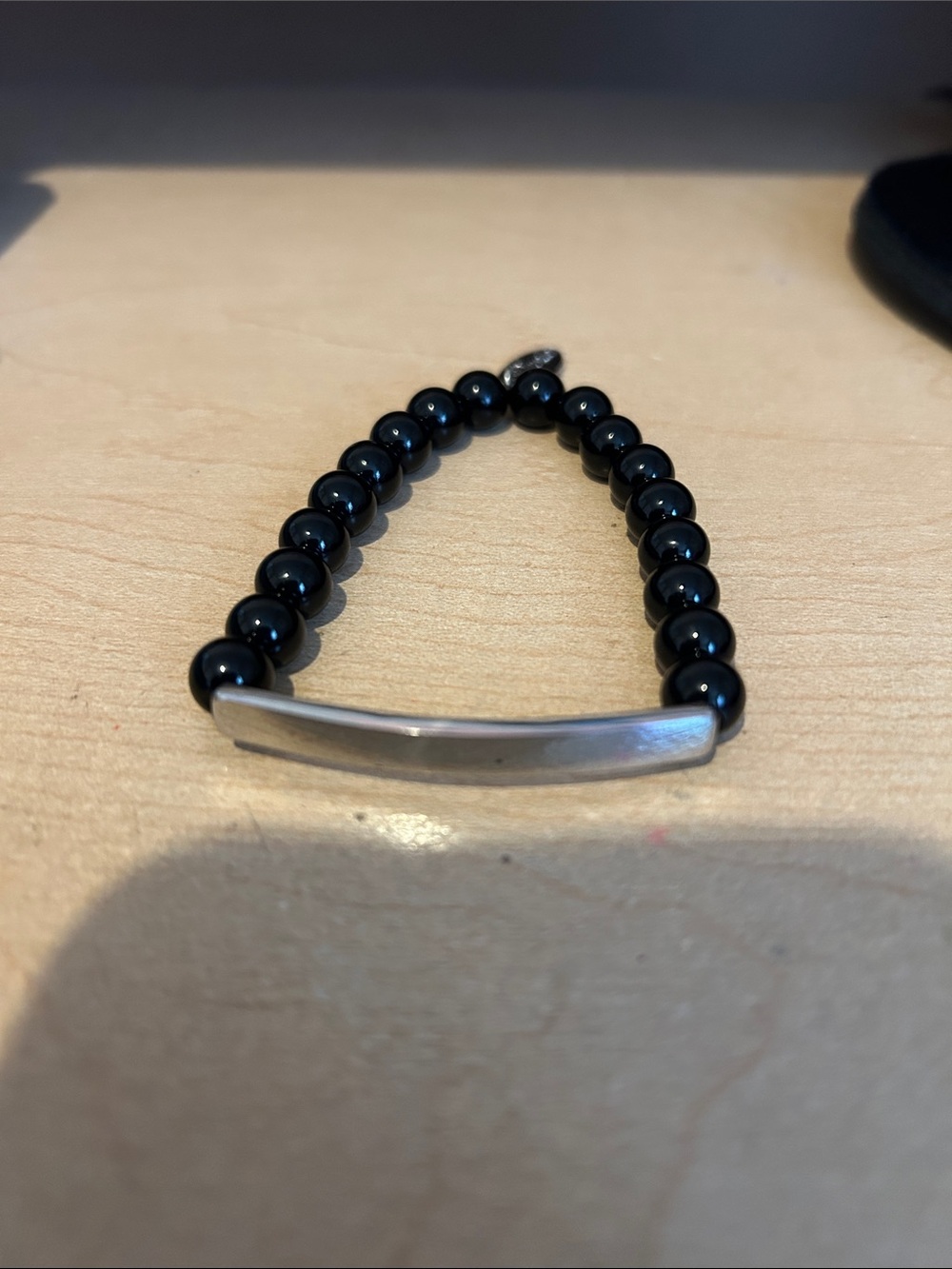 Men's /women’s)6.75 Black Beaded Bracelet with Silver Bar